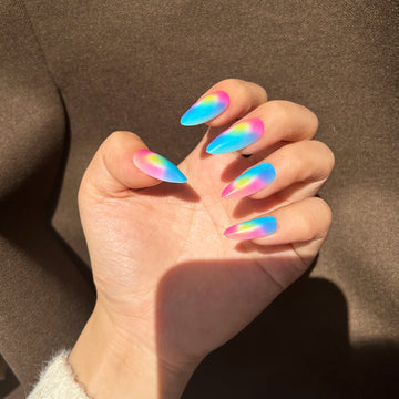 OPOOLA Almond Press on Nails Medium,OPOOLA Rainbow Jelly Soft Gel Fake Nails for Women Fit Natural,  Stick on Nails Reusable, 24pcs False Nails with Design Glue Art Kit